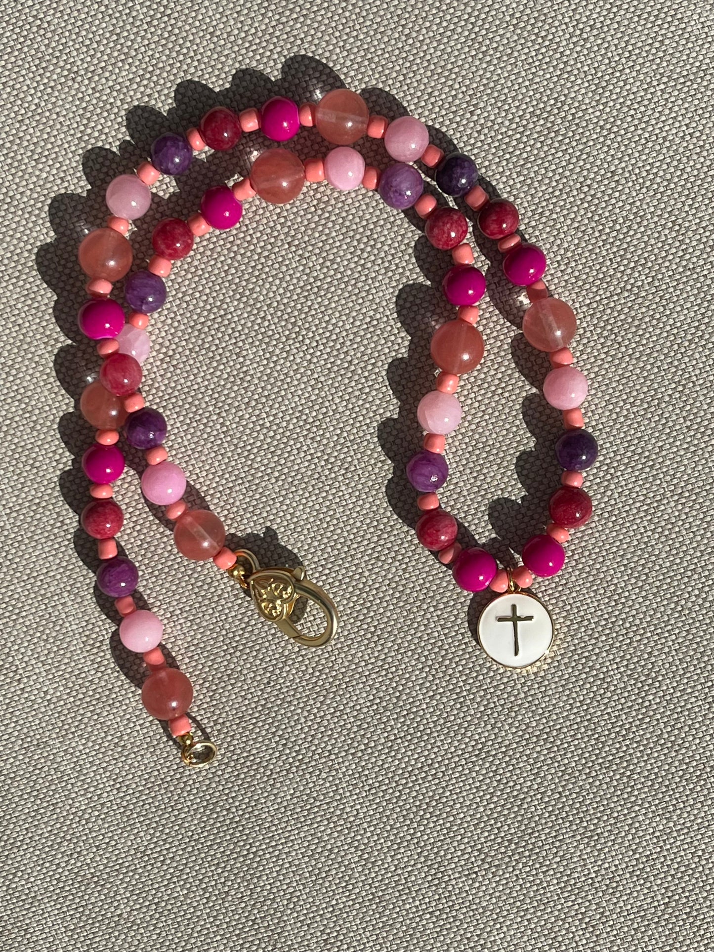 Necklace, pink and purple