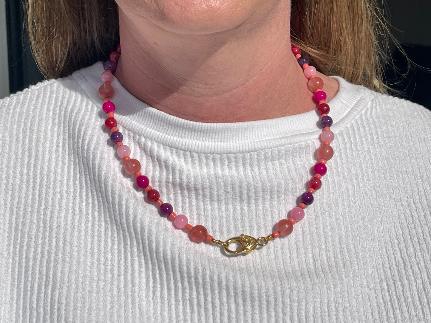 Necklace, pink and purple