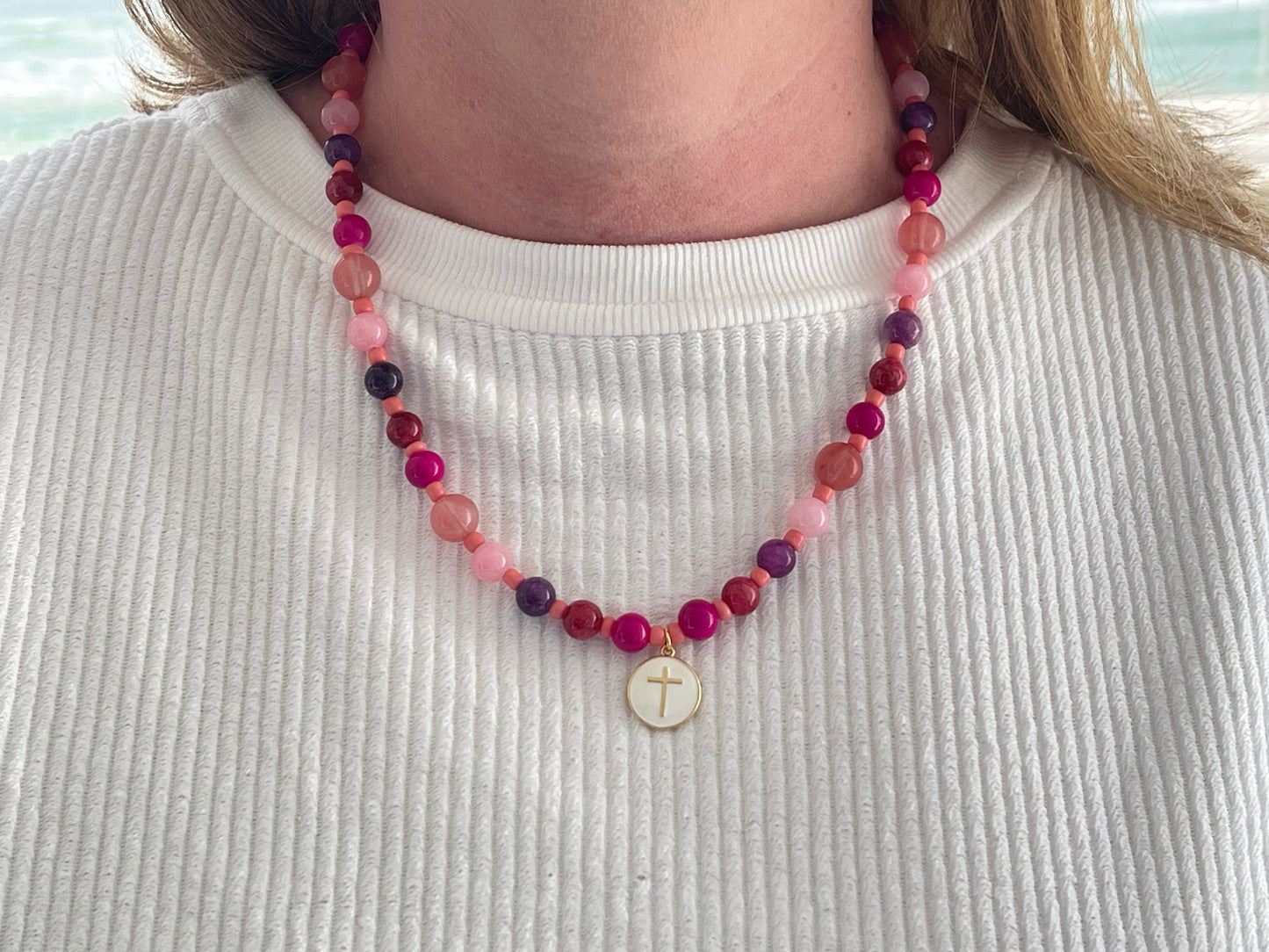 Necklace, pink and purple